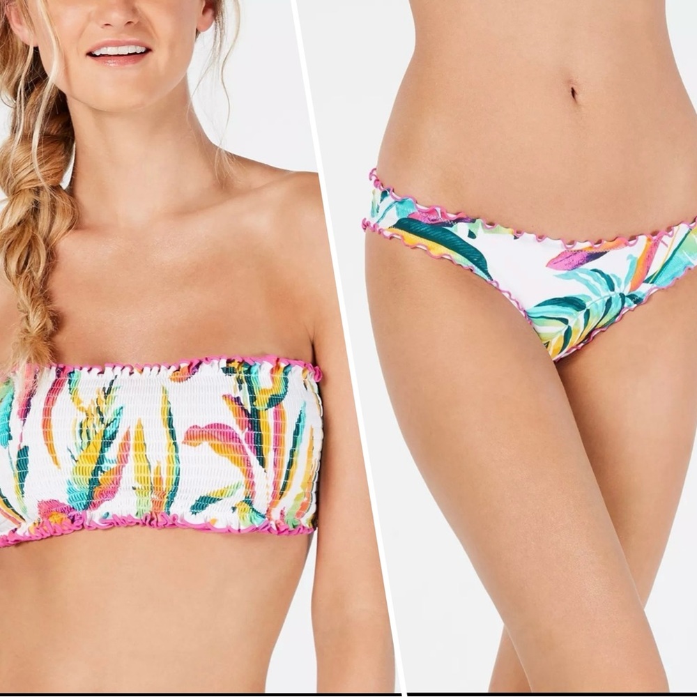 HULA HONEY Womens Palm Pop Printed Smocked Bandeau Bikini Swimwear Set Small
